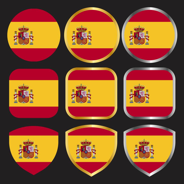 spain flag vector icon set with gold and silver border - Vektor, obrázek