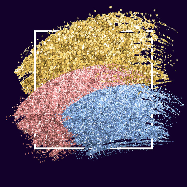 Golden rose pink blue glitter brush stroke. Social media networks square template background. Golden foil vector spot. - Vector, Image