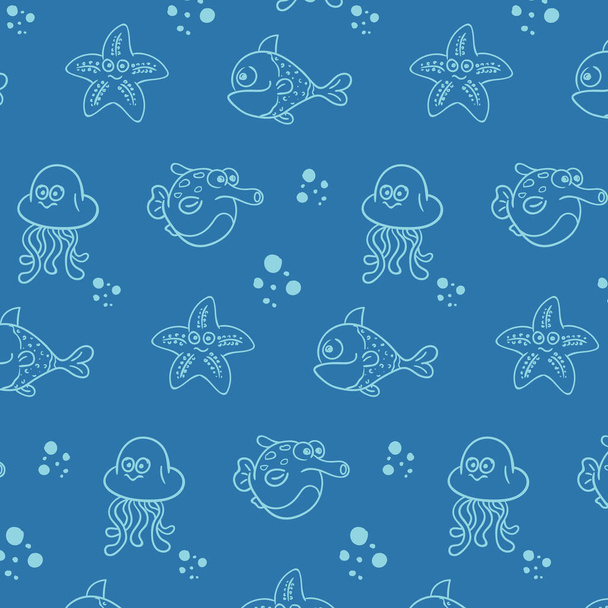 Seamless texture with draw fishes. Prints for textiles with sea inhabitants. Printing on fabric. Illustration for wallpaper for children. - Vector, Image