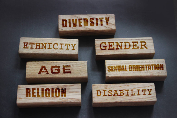 Diversidad etnia género edad orientación sexual religión discapacidad palabras escritas en bloque de madera. Concepto de igualdad y diversidad. - Foto, imagen