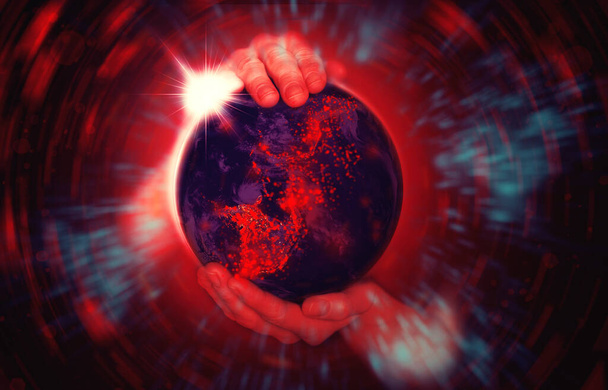 Female hands hold the globe with epicenters of infection Covid 19 with a bright red halo. Concept - Photo, Image