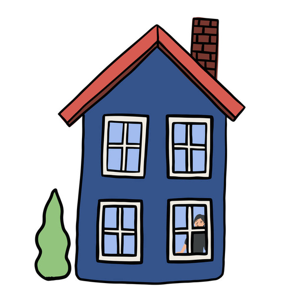 Hand drawn flat house. Concept of staying at home. Quarantine. Element for design of infographic , guide, booklet, flyer or web site - Vector, Image