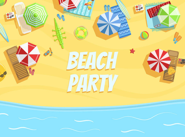 Plantilla de banner de fiesta de playa, tarjeta de invitación de fiesta de verano, volante con playa tropical e ilustración vectorial de sombrillas coloridas
 - Vector, Imagen