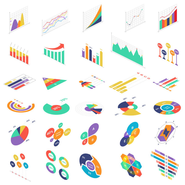 Flat 3d isometric infographic elements icons graph charts set for finance business presentation. Data statistics diagrams infographics vector illustration. - Vektör, Görsel