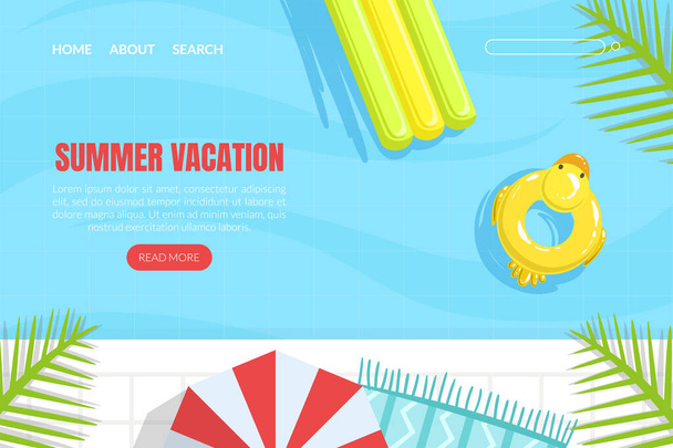 Zomervakantie Landing Page Template, Zomervakantie Reizen, Zwembad met kleurrijke drijvers Web Page, Mobiele App, Homepage Vector Illustratie - Vector, afbeelding