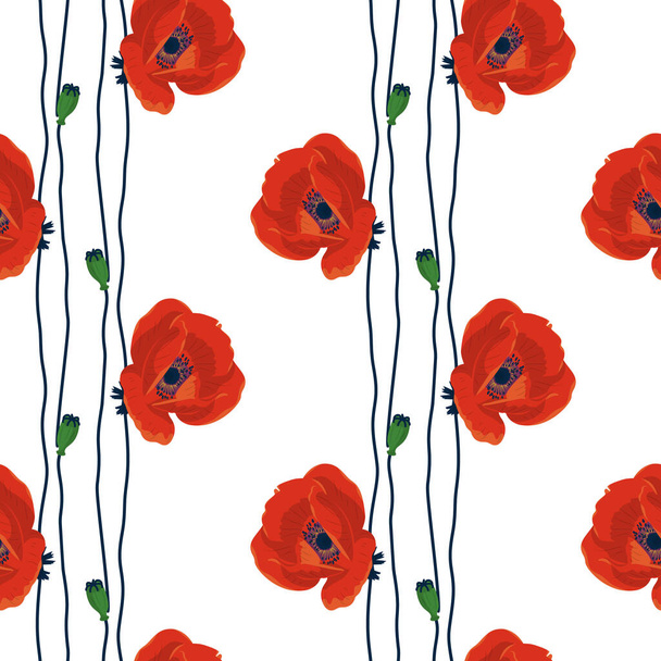 Seamless pattern with hand drawn red poppy flowers on white background. Vector illustration. - Vector, Image