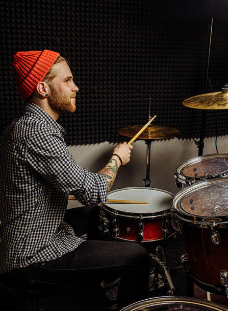 young man practicing play on drums before concert - Fotoğraf, Görsel