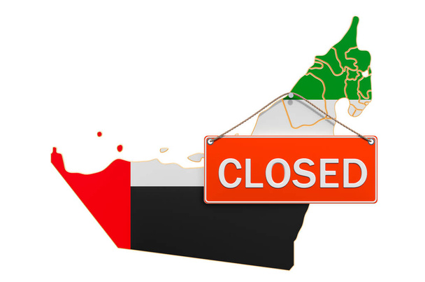 La mappa degli Emirati Arabi Uniti con cartello chiuso, concetto di quarantena. rendering 3D isolato su sfondo bianco
 - Foto, immagini