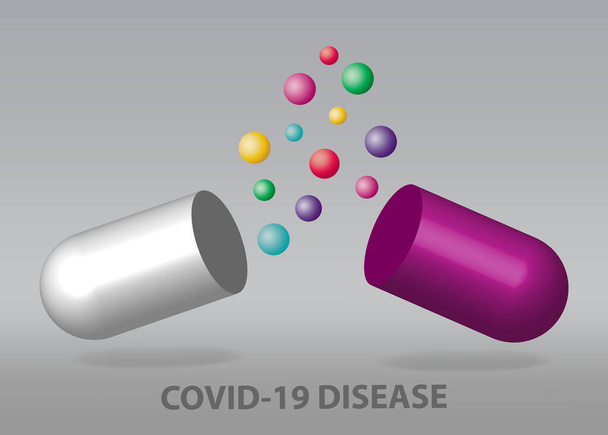 Drug development for COVID-19 concept vector showing halved capsule with flying colored pills ready for your text. All on the gray background. - Vector, Image