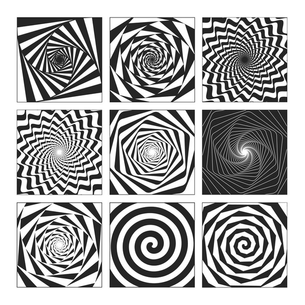 Wirujące hipnotyzujące czarne białe spirale kolekcja sat. Wektor płaski projekt graficzny ilustracja kreskówka - Wektor, obraz