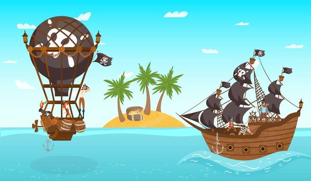 Characters male pirates command on air balloon fight vs ship, teamfight, water battle, tropical island, palm tree, gold treasure. - Vector, Image