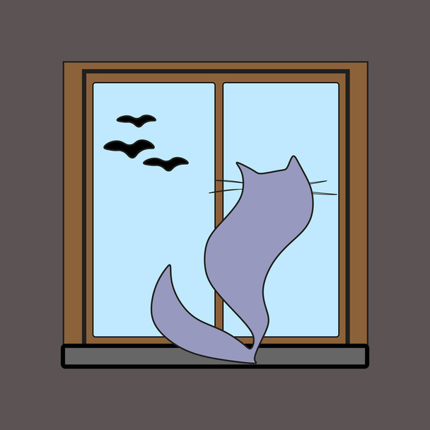 Смешная кошка смотрит в окно на летающих птиц
 - Вектор,изображение