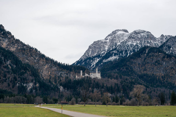 Kayalar, dağlar ve ormanlarla çevrili eski taş kale Neuschwanstein Kalesi - Fotoğraf, Görsel