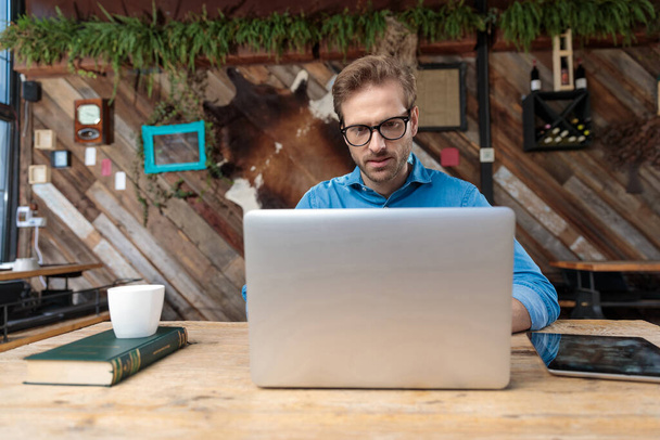 aantrekkelijke zakenman het dragen van een bril zitten aan het bureau en studeren op zijn laptop gericht op de coffeeshop - Foto, afbeelding