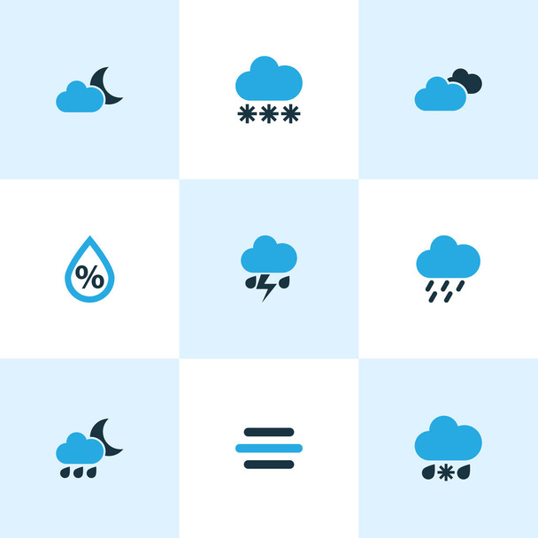 Klimasymbole farbig mit Nacht, Bewölkung, Regensturm und anderen Mondscheinelementen. Isolierte Vektorillustration Klima-Ikonen. - Vektor, Bild