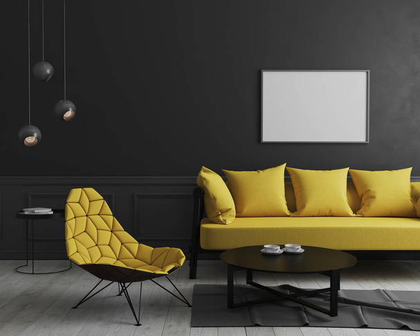 Leere horizontale Bilderrahmen-Attrappe im modernen Raumhintergrund mit schwarzer Wand und stilvollem gelben Sofa und Design-Sessel in der Nähe von Couchtisch, elegant, luxuriös, 3D-Rendering - Foto, Bild