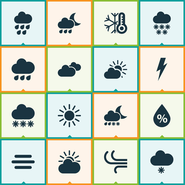 Klimasymbole mit Sonnenlicht, Sonne, Wolken und anderen Windelementen. Isolierte Ikonen des Klimawandels. - Foto, Bild