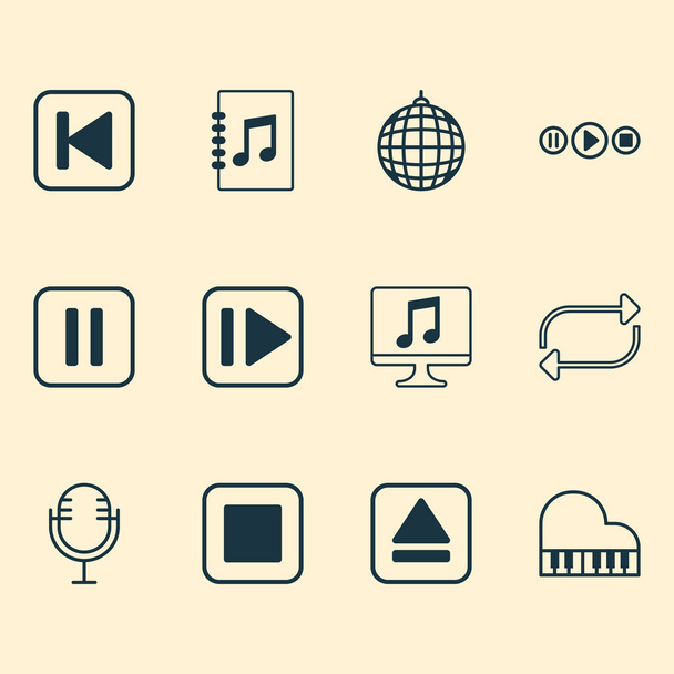 Conjunto de iconos de audio con bola disco, repetición, pausa de música y otros elementos de la lista de canciones. Iconos de audio de ilustración aislada
. - Foto, Imagen