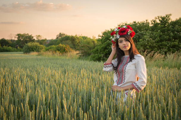 Kaunis nuori nainen käyttää perinteisiä Ukrainan vaatteita ja kukka seppele kävellä vehnäpellolla, kaunis etninen tyttö käsintehty koristeltu kukka kruunu ihailla luontoa. Kultainen tunti
 - Valokuva, kuva