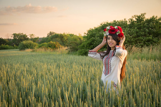 Mulher muito jovem usar roupas tradicionais ucranianas e flor grinalda andar no campo de trigo, bela menina étnica em artesanal decorado coroa floral admirar a natureza. Hora de ouro
 - Foto, Imagem