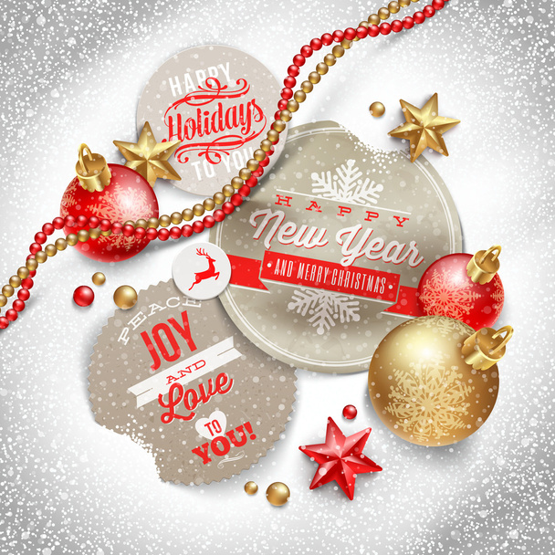 Cardboard labels with Christmas greeting and holiday decor on a snow - vector illustration - Vecteur, image