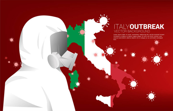 Italy map with people in hazmat and particle of Corona virus background. Concept for Italy covid19 outbreak and pandemic. - Vector, Image