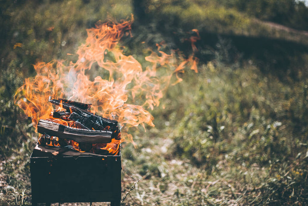 Firewood is burning on the grill on the street. - Фото, зображення