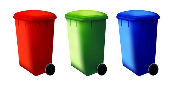 Sortiersystem, Recyclingsymbol auf bunten Behältern. Mülleimer auf der Straße. Müllcontainer isoliert. - Vektor, Bild
