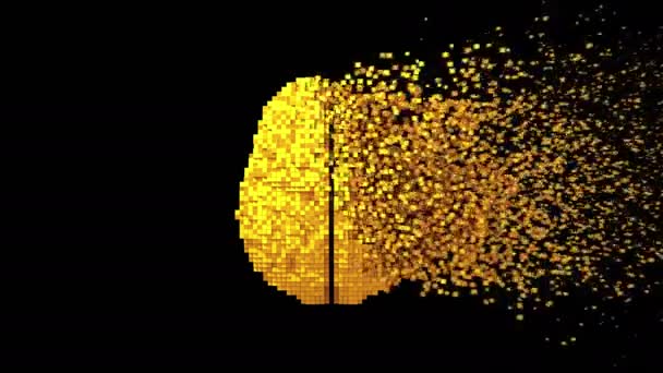 4K. Desintegratie van Golden Digital Brain op zwarte achtergrond met Alpha Matte. - Video