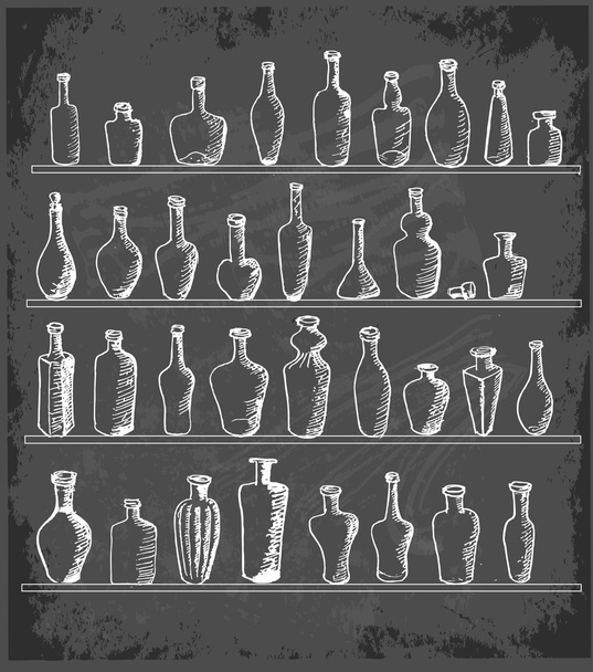 Sketch bottles collection on blackboard. - Vektor, Bild