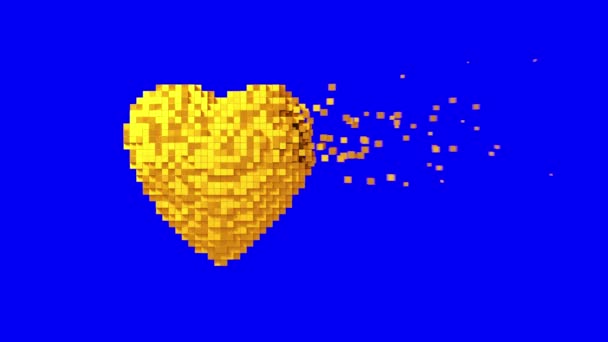 4K. Desintegratie van Gold Digital Heart On Blue Screen. - Video