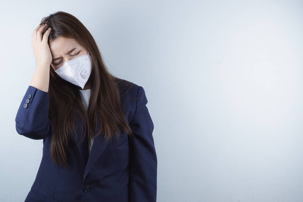 The business woman coughing flu from coronavirus and pm 2.5. Coronavirus and Air pollution pm 2.5 concept. - Фото, изображение