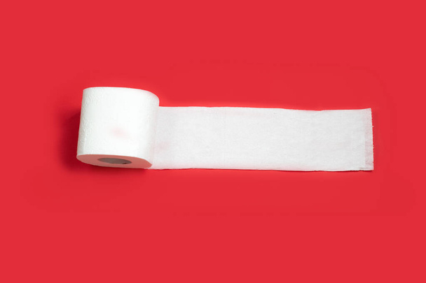 Toilet paper roll on red background. Copy space. Text for banner, poster, flyer. - Photo, Image