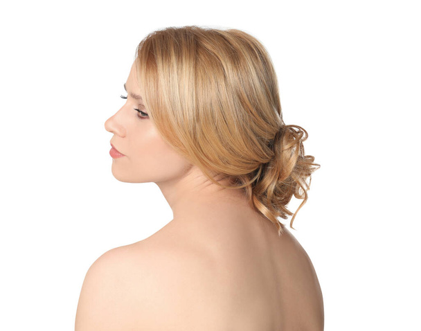 Portrait of beautiful woman with blonde hair on white background - Zdjęcie, obraz