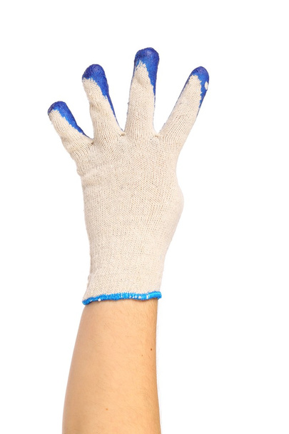 Hand shows four in rubber glove. - Zdjęcie, obraz