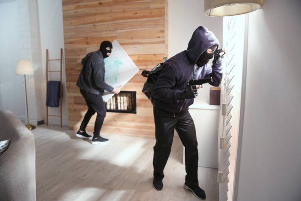 Dangerous masked criminals stealing picture from house - Foto, Imagen