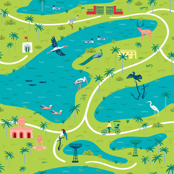 Illustration of Bharatpur Bird Sanctuary landscape map with lot of wetland birds. Seamless pattern can be printed and used as wrapping paper, wallpaper, textile, fabric, etc. - Διάνυσμα, εικόνα
