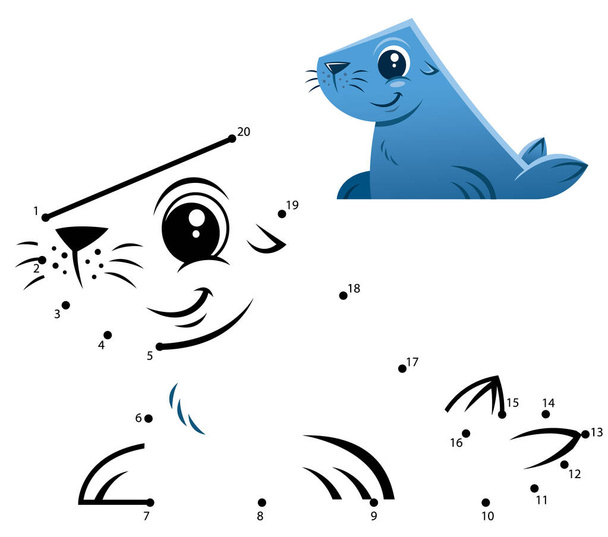 Education Numbers game. Dot to dot game. Seal cartoon - Vector, afbeelding