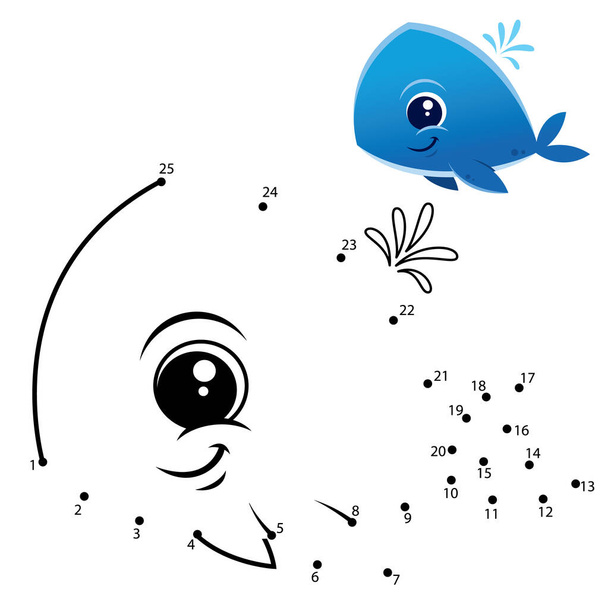 Education Numbers game. Dot to dot game. Whale cartoon - Vector, imagen