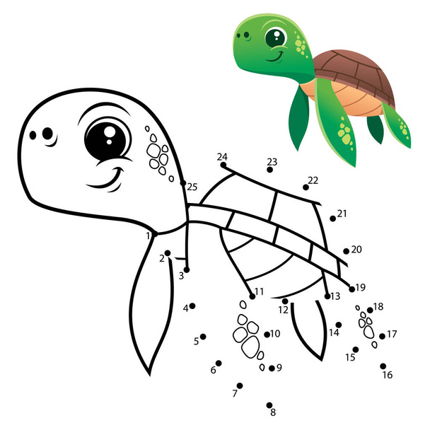 Education Numbers game. Dot to dot game. Turtle cartoon - Vector, afbeelding