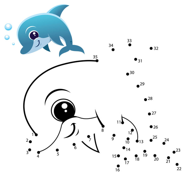 Education Numbers game. Dot to dot game. Dolphine cartoon - Vector, Imagen