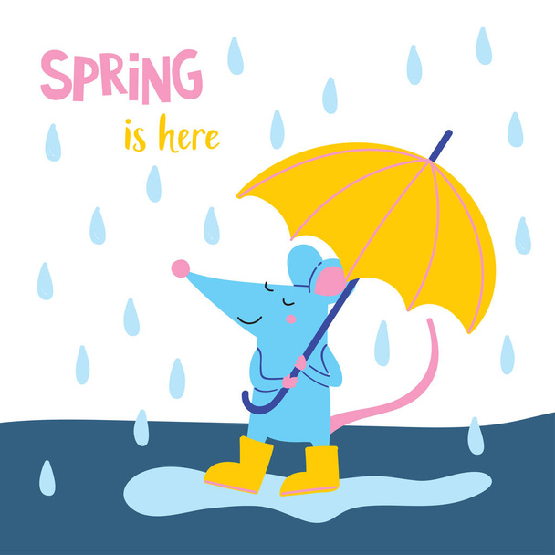 Le printemps est là. Illustration vectorielle de rat mignon en bottes en caoutchouc jaune avec parapluie marchant dans les jours de pluie. Peut être utilisé comme modèle pour la conception de votre carte, plaque, affiche, carte postale
. - Vecteur, image