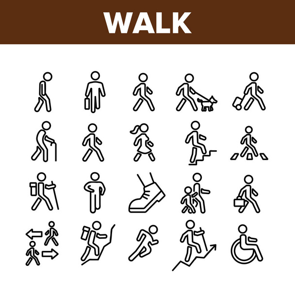Walk People Motion Collection Pictogrammen Vector instellen. Menselijke wandeling met hond en bagage, met koffer en rugzak, Crosswalk en trappen concept lineaire Pictogrammen. Monochrome Contour Illustraties - Vector, afbeelding