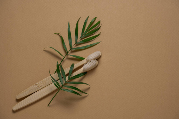 top view eco friendly wooden tooth brushes  and green tropical leaves layout on a brown background with copy space - Valokuva, kuva