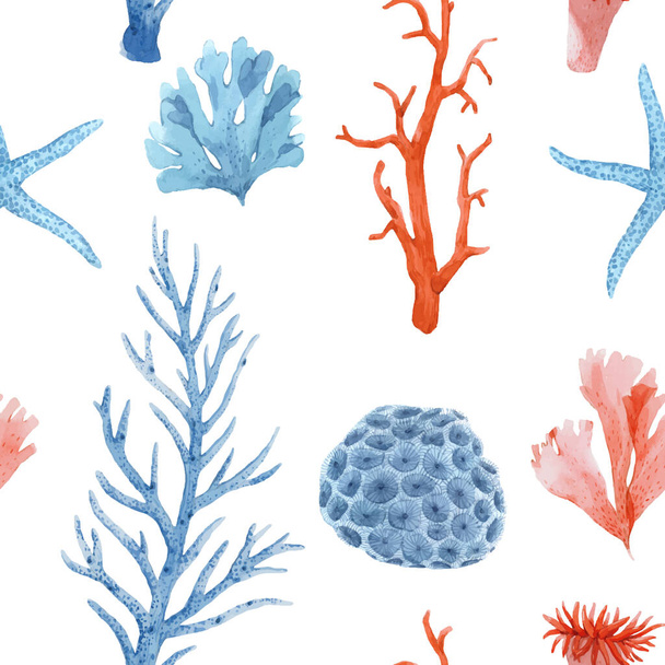 Beautiful vector seamless pattern with underwater watercolor sea life. Stock illustration. - Vettoriali, immagini