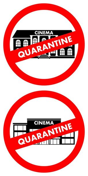 Virus concept. Quarantine sign on the background of cinema building, theater isolated on white background. Virus, infection, epidemic, quarantine. Banner, backdrop, icon. Vector illustration. - Vettoriali, immagini