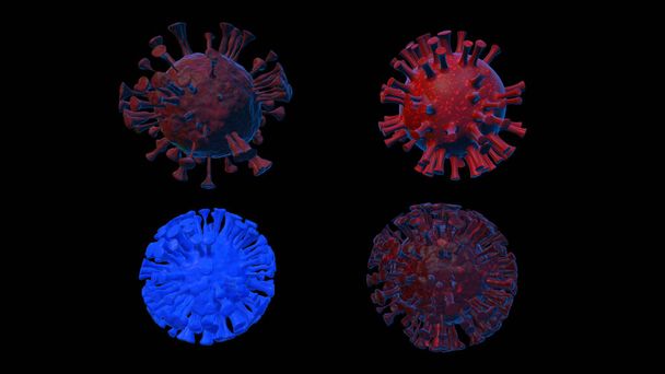 以前はcovid-2019, 2019-nCVとして知られていた4細胞の重度の急性呼吸器症候群コロナウイルス2 (SARS-CoV-2)の3次元レンダリングを黒の背景に単離. - 写真・画像