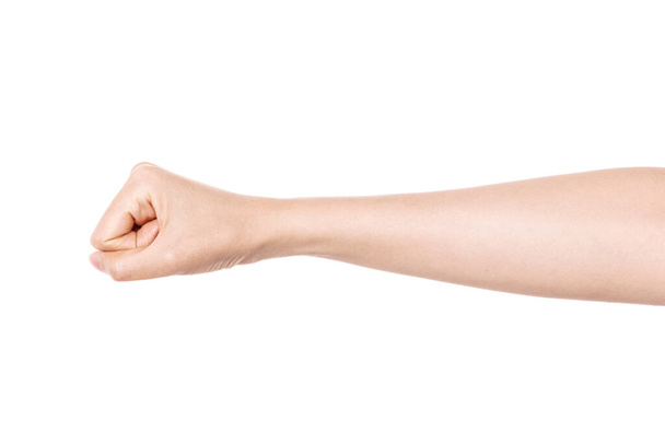 gesto ruky ženy (síla, pěst, útok) izolované na bílém. - Fotografie, Obrázek