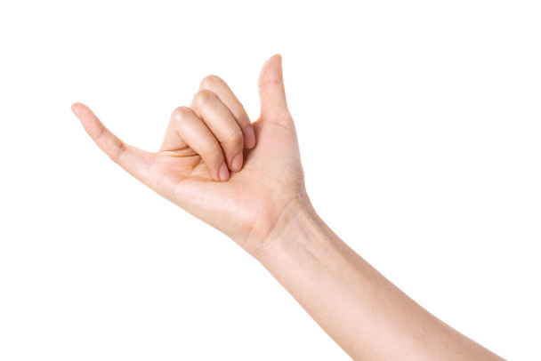 vrouw hand gebaar (duivel, rock 'n roll) geïsoleerd op wit. - Foto, afbeelding
