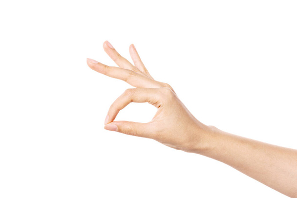 gesto mão mulher (pegar, puxar para cima, coelho) isolado em branco
. - Foto, Imagem